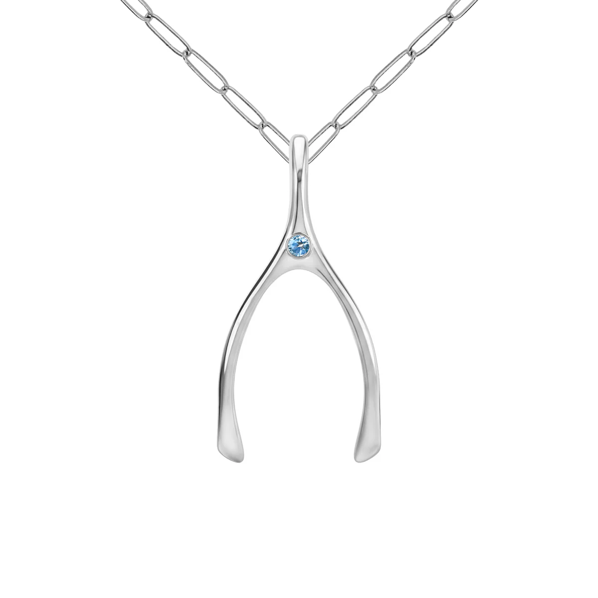 Large Nantucket Blue Topaz Wishbone Pendant in Solid 14k Gold (December)