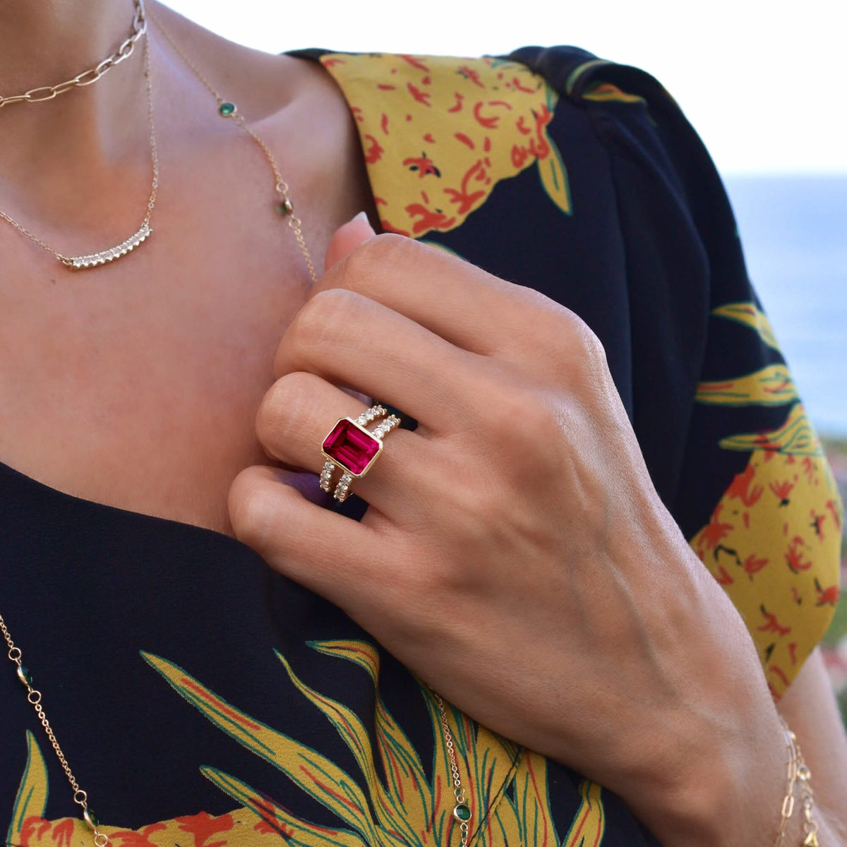 Warren Vertical Ruby Ring with Diamonds in 14k Gold (July)