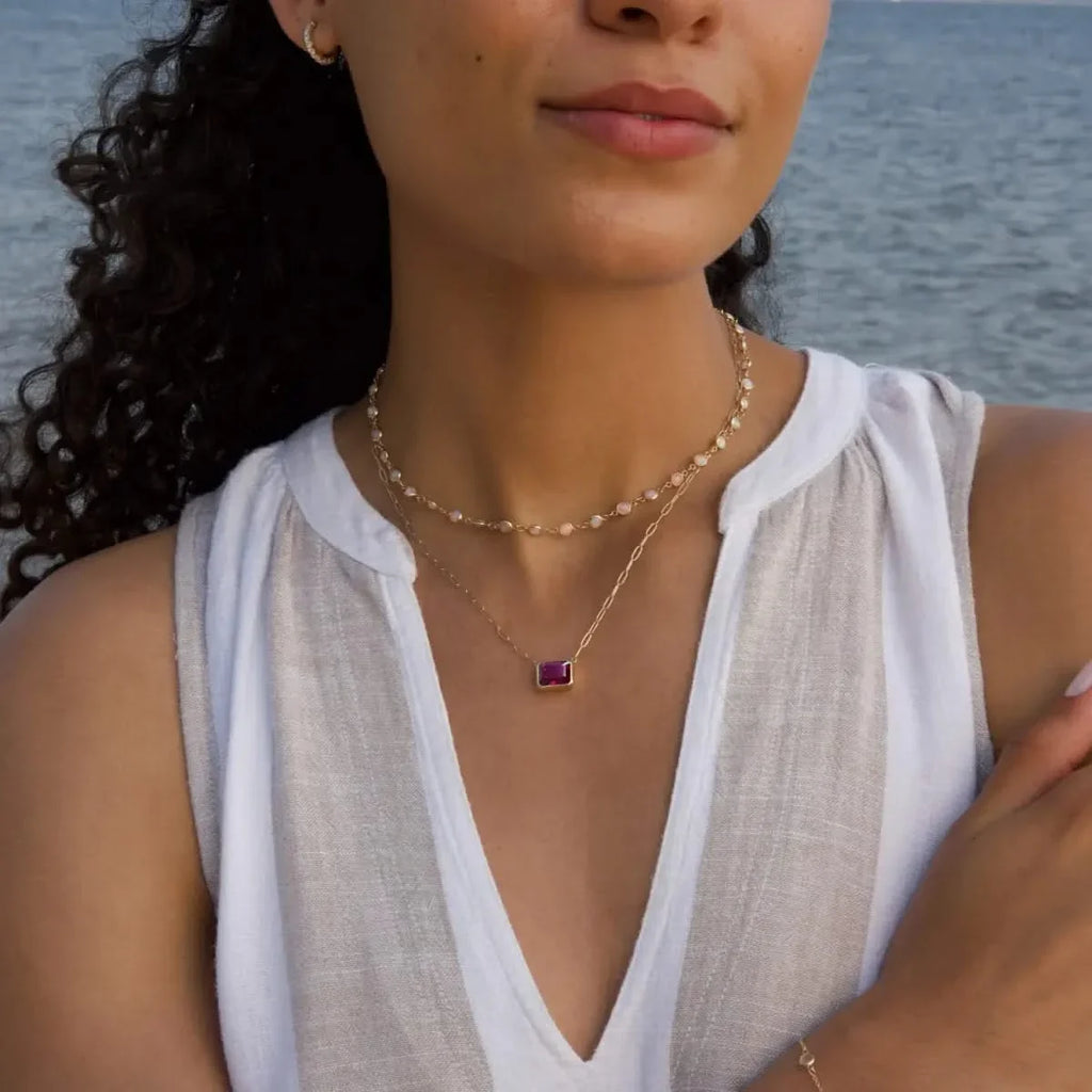 Warren Ruby Necklace on Adelaide Mini Chain in 14k Gold (July)