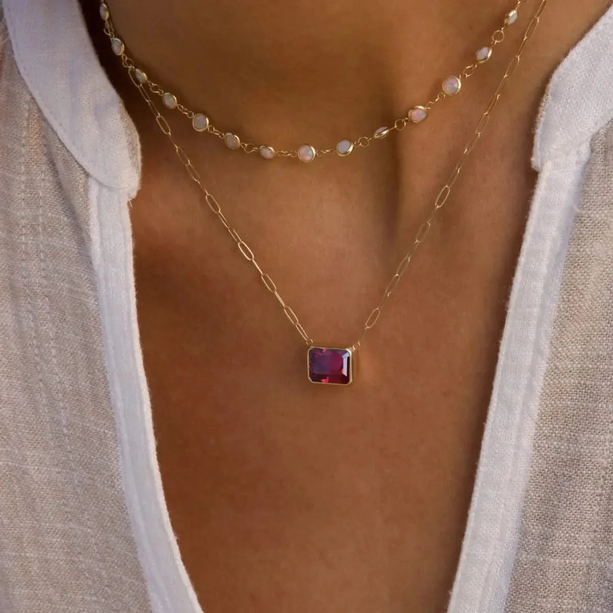 Warren Ruby Necklace on Adelaide Mini Chain in 14k Gold (July)