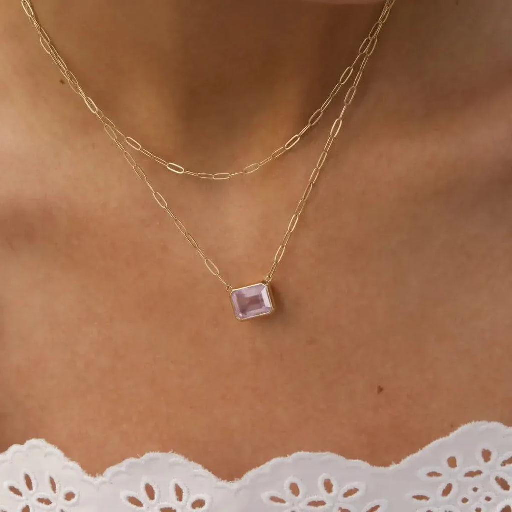 Warren Rose Quartz Necklace on Adelaide Mini Chain in 14k Gold (October)