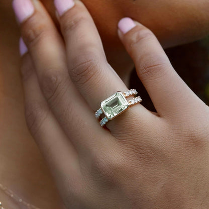 Warren Horizontal Green Amethyst Ring with Diamonds in 14k Gold (February)