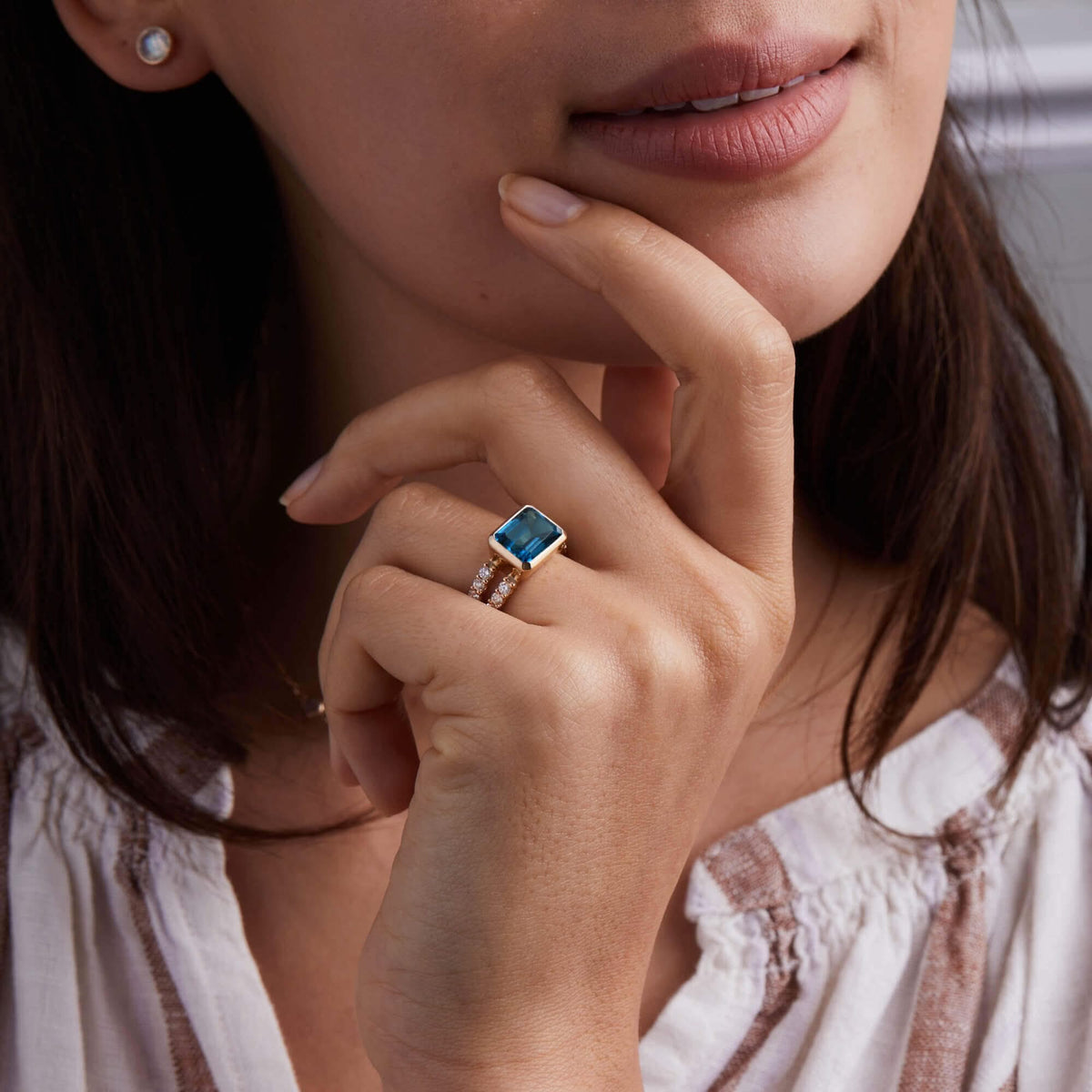 Warren Horizontal Atlantic Blue Topaz Ring with Diamonds in 14k Gold (December)