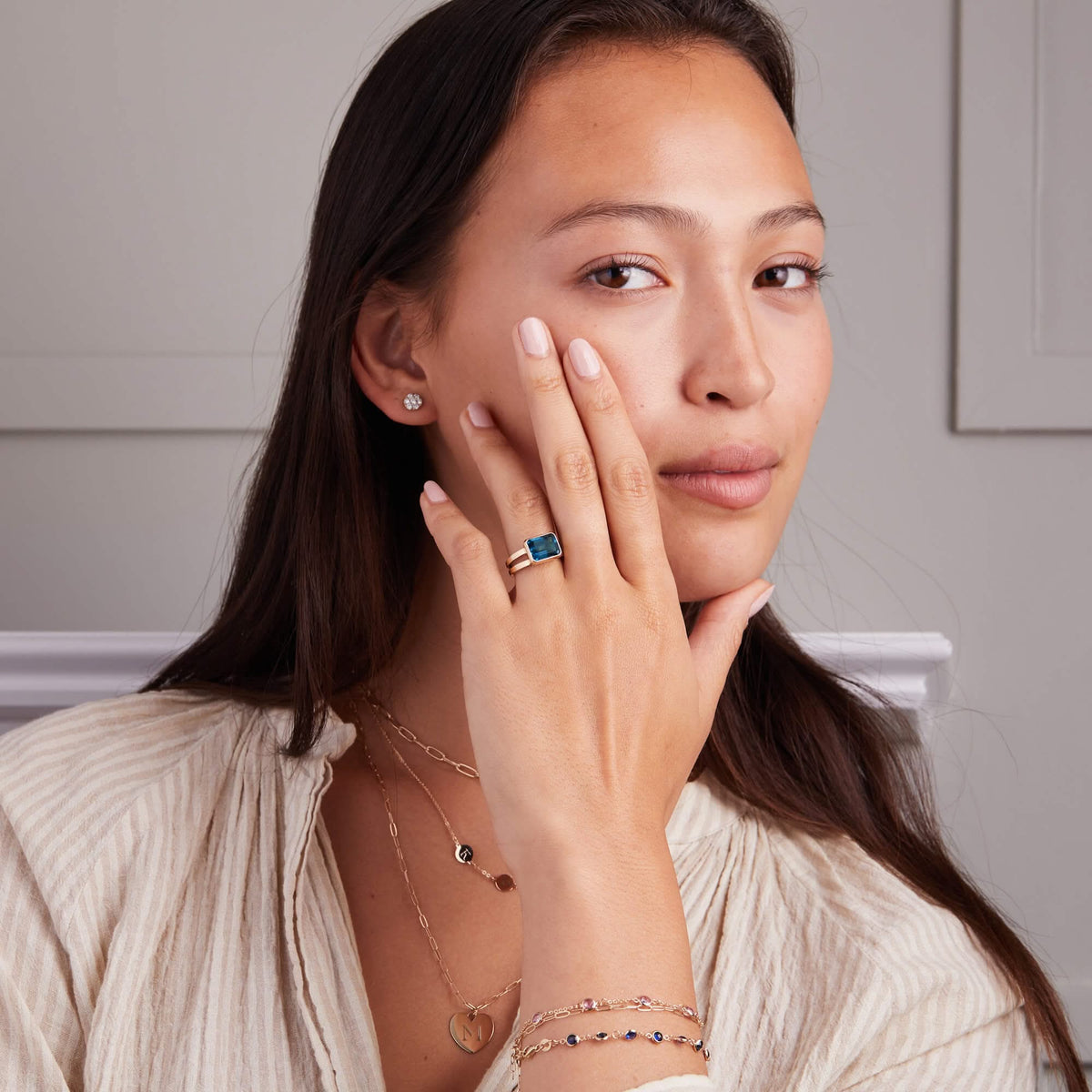 Warren Horizontal Atlantic Blue Topaz Ring in 14k Gold (December)