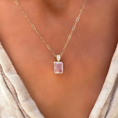 Warren Rose Quartz Pendant with Diamond Bail in 14k Gold (October)