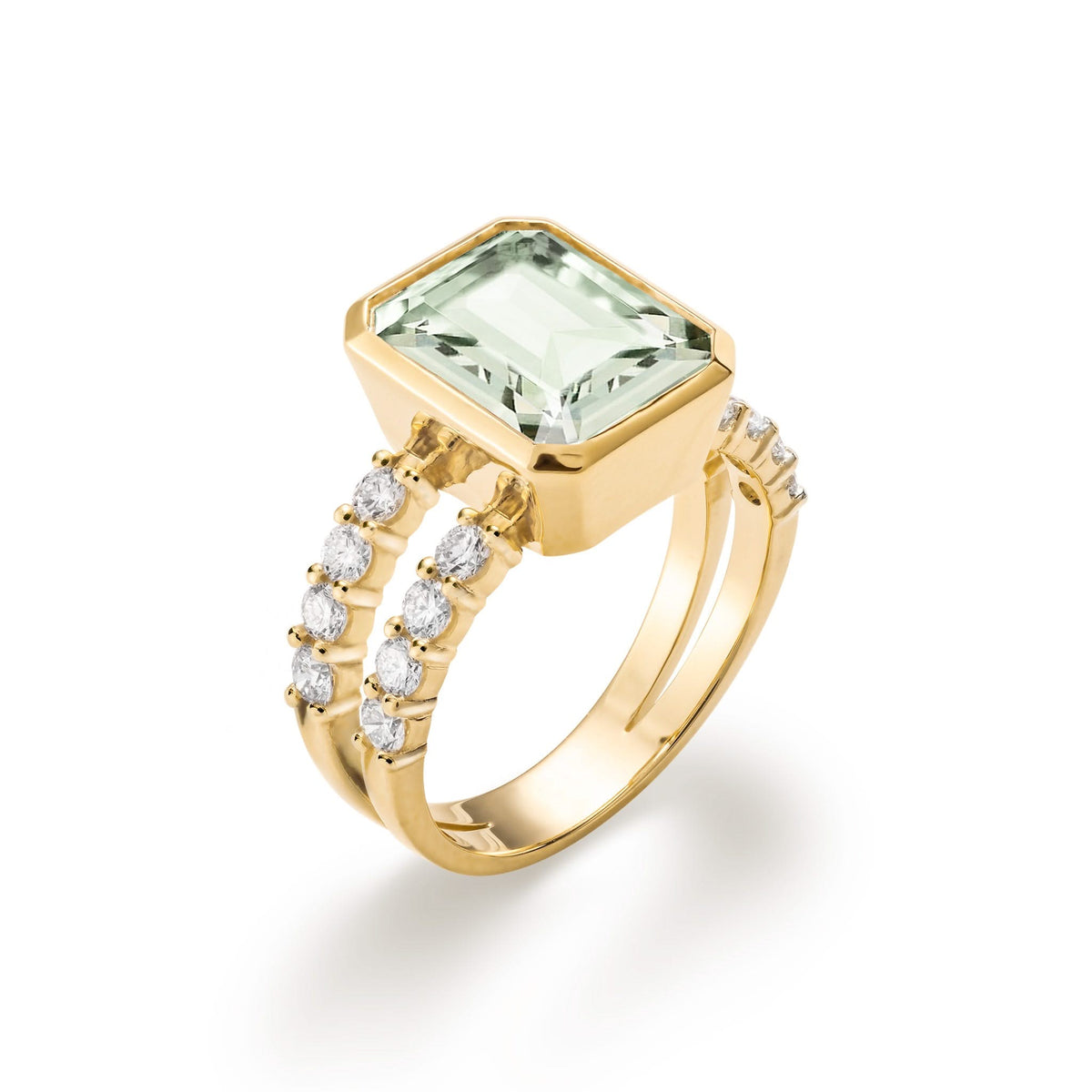 Warren Vertical Green Amethyst Ring with Diamonds in 14k Gold (February)