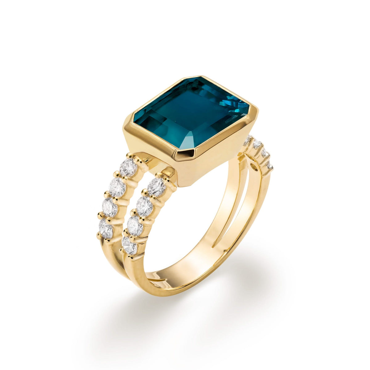 Warren Horizontal Atlantic Blue Topaz Ring with Diamonds in 14k Gold (December)