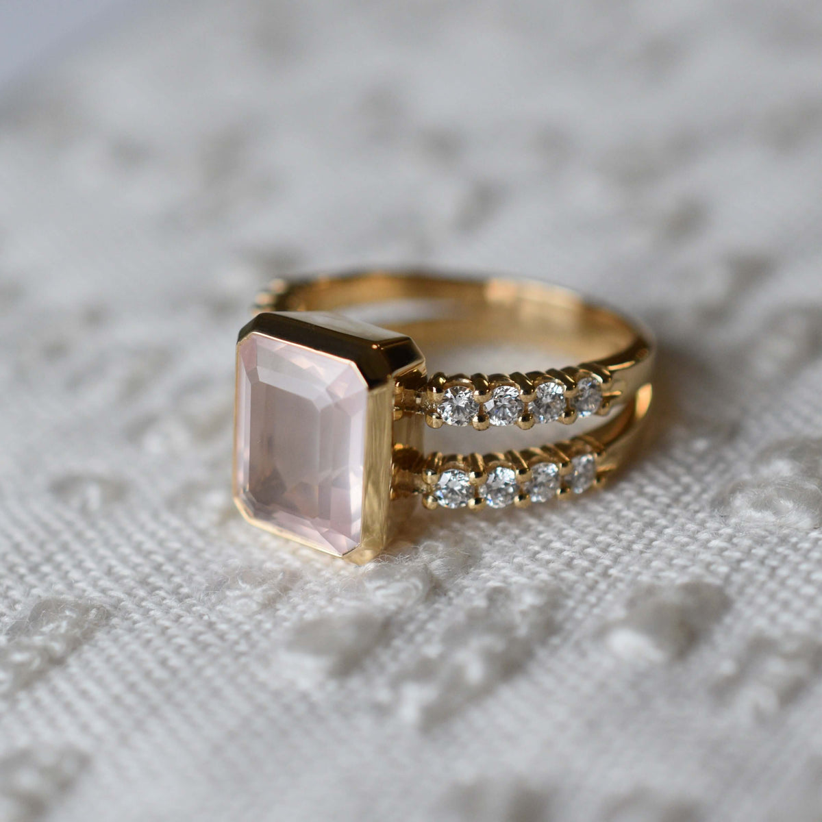 Warren Vertical Rose Quartz Ring with Diamonds in 14k Gold (October)