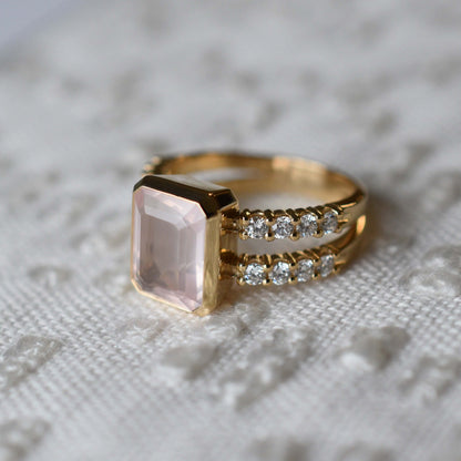 Warren Vertical Rose Quartz Ring with Diamonds in 14k Gold (October)