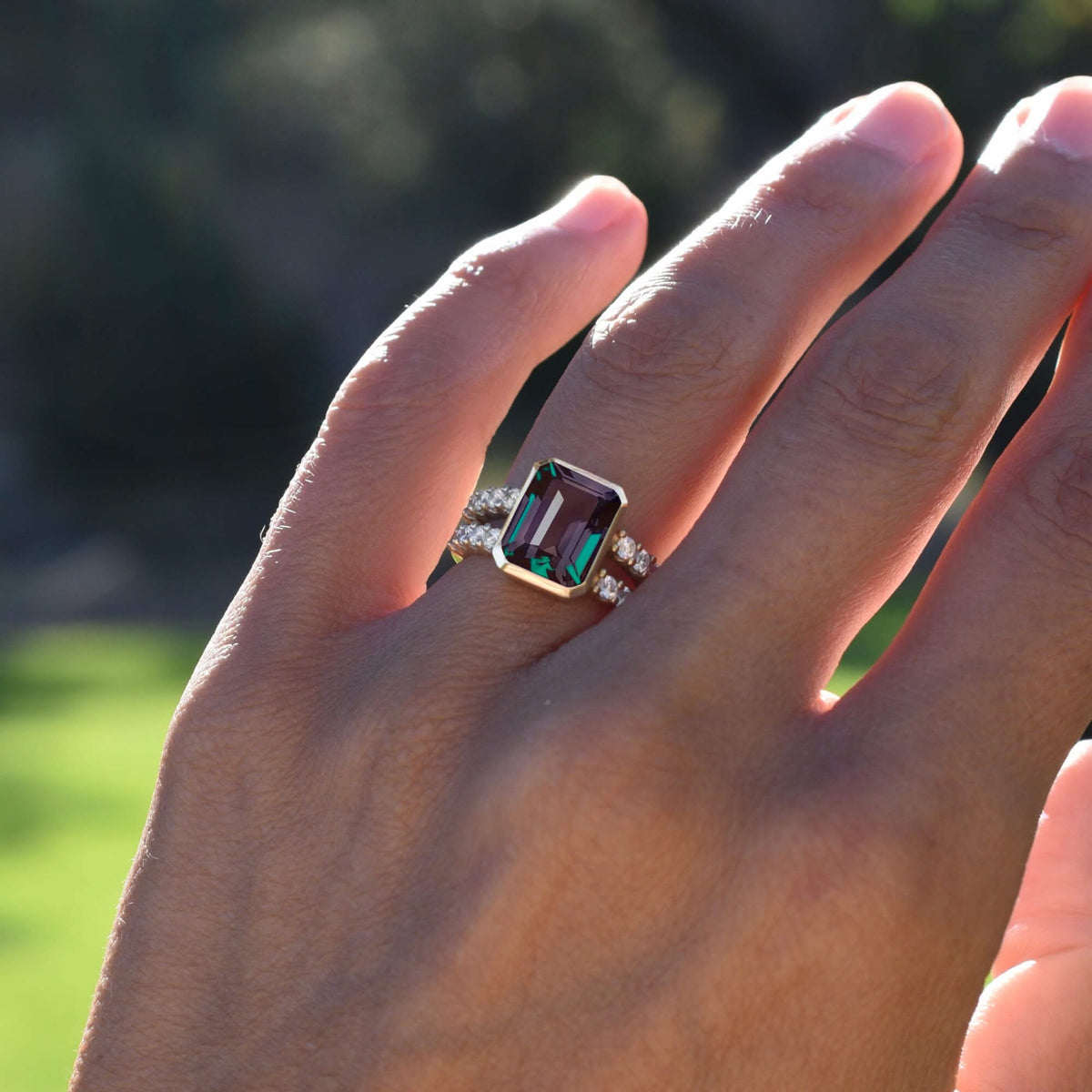 Warren Vertical Alexandrite Ring with Diamonds in 14k Gold (June)