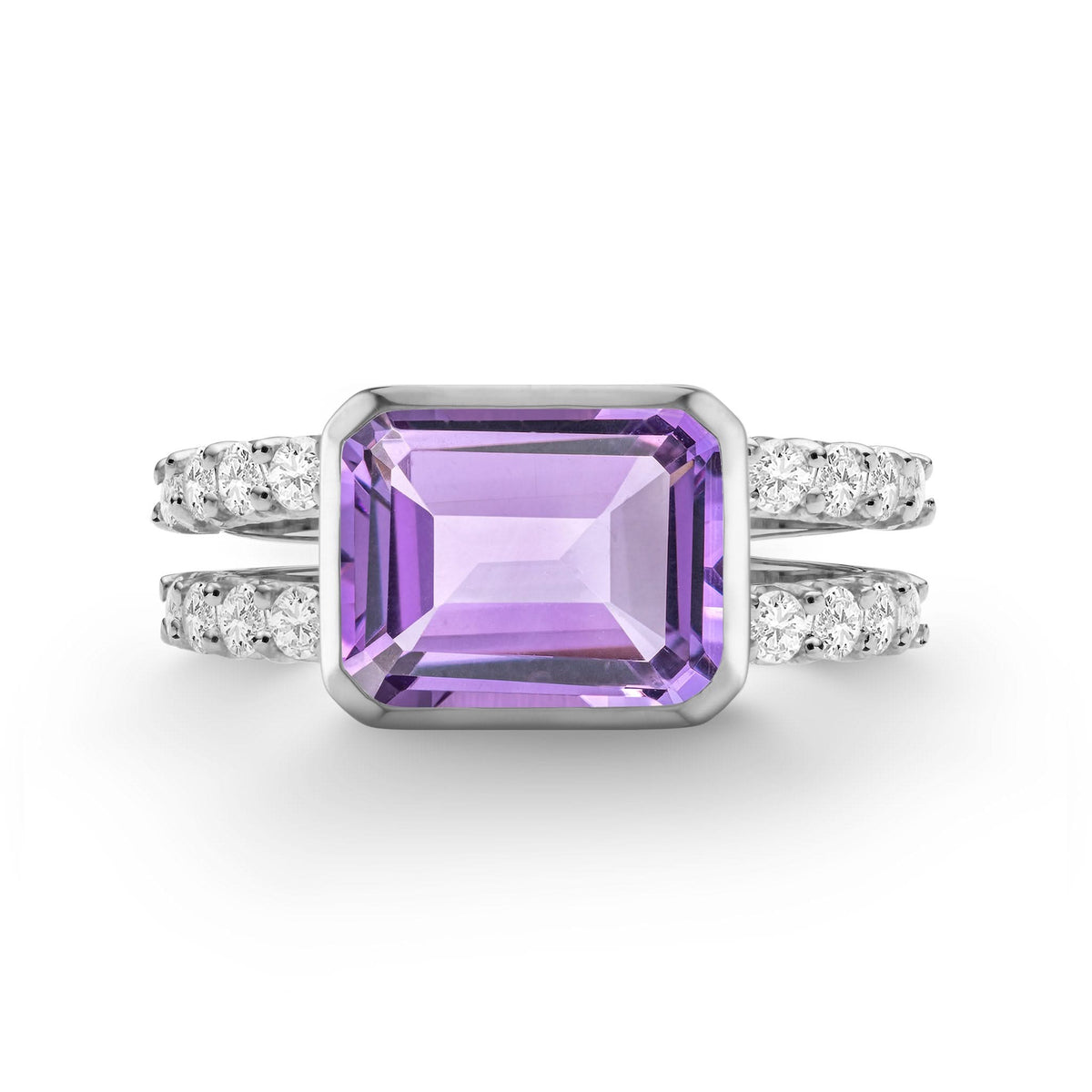 Warren Horizontal Amethyst Ring with Diamonds in 14k Gold (February)