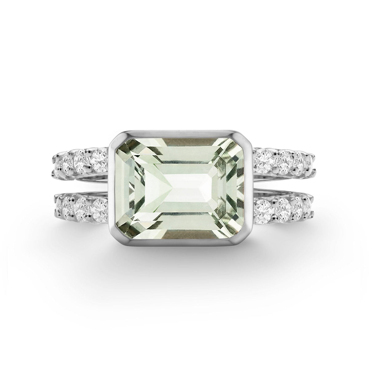 Warren Horizontal Green Amethyst Ring with Diamonds in 14k Gold (February)