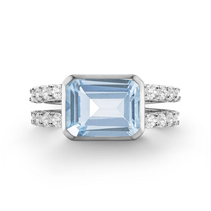 Warren Horizontal Aquamarine Ring with Diamonds in 14k Gold (March)