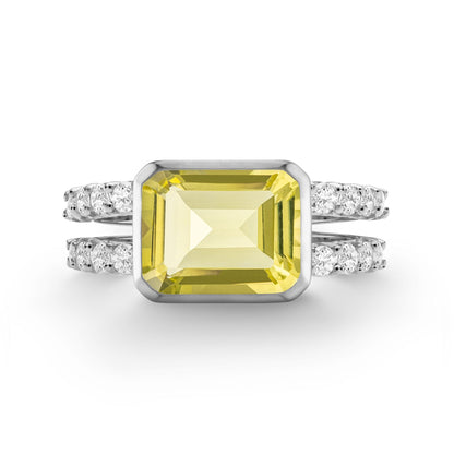 Warren Horizontal Lemon Verbena Quartz Ring with Diamonds in 14k Gold (August)