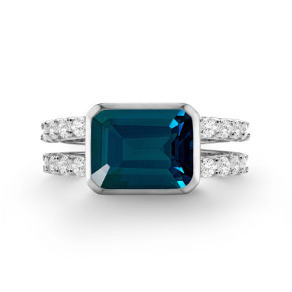 Warren Horizontal Atlantic Blue Topaz Ring with Diamonds in 14k Gold (December)