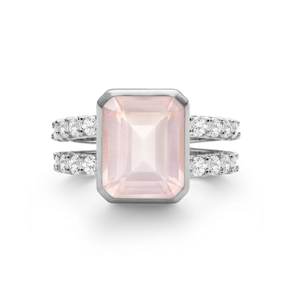 Warren Vertical Rose Quartz Ring with Diamonds in 14k Gold (October)