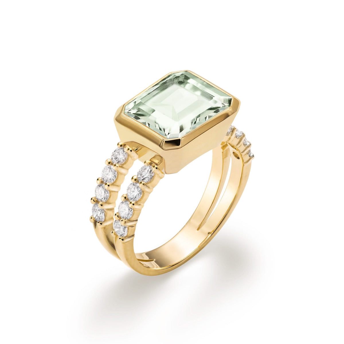 Warren Horizontal Green Amethyst Ring with Diamonds in 14k Gold (February)