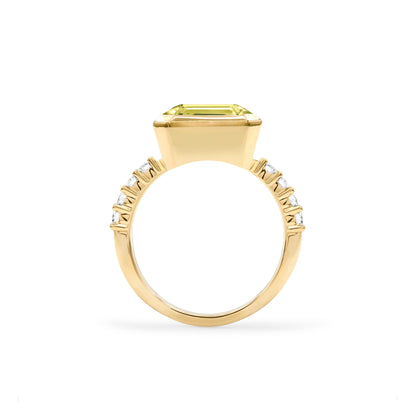 Warren Horizontal Lemon Verbena Quartz Ring with Diamonds in 14k Gold (August)