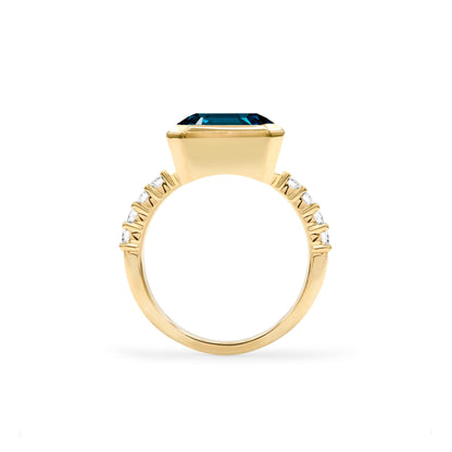 Warren Horizontal Atlantic Blue Topaz Ring with Diamonds in 14k Gold (December)