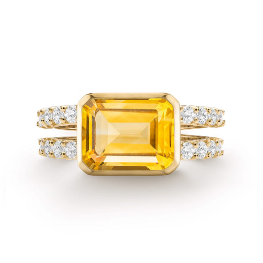 Warren Horizontal Citrine Ring with Diamonds in 14k Gold (November)