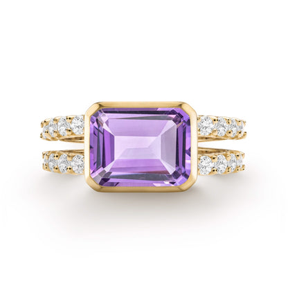 Warren Horizontal Amethyst Ring with Diamonds in 14k Gold (February)