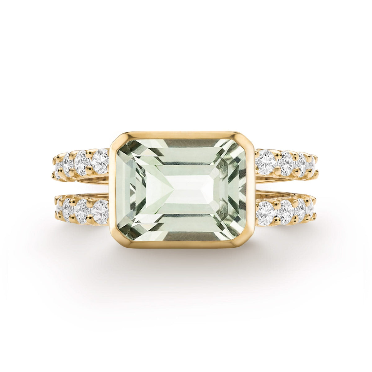 Warren Horizontal Green Amethyst Ring with Diamonds in 14k Gold (February)