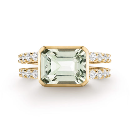 Warren Horizontal Green Amethyst Ring with Diamonds in 14k Gold (February)