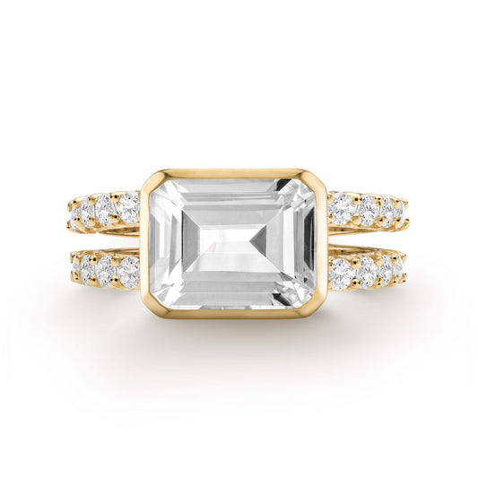 Warren Horizontal White Topaz Ring with Diamonds in 14k Gold (April)
