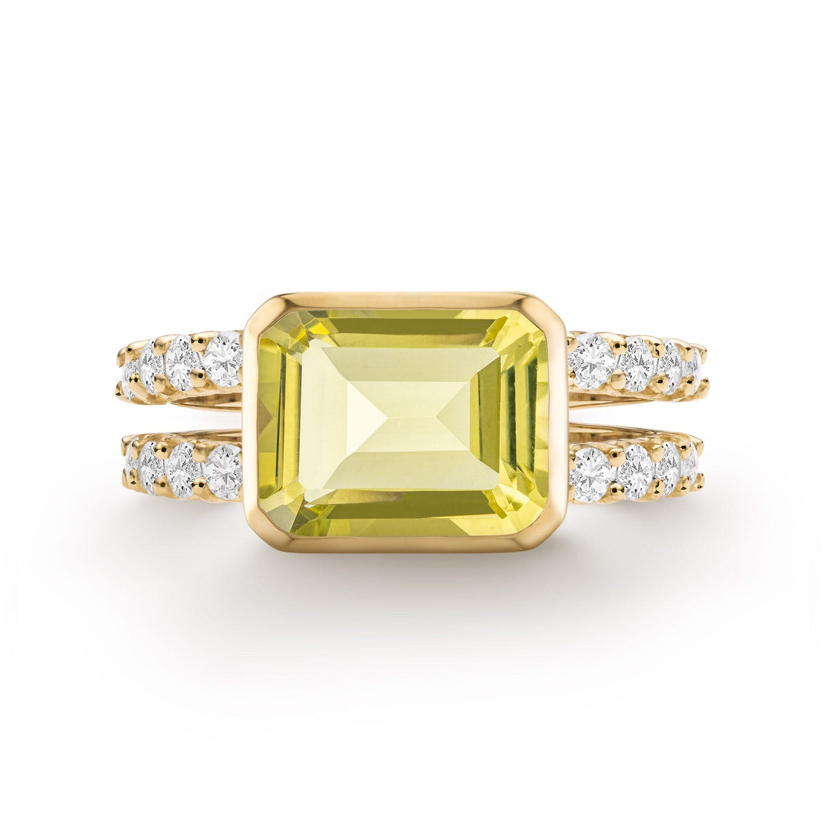 Warren Horizontal Lemon Verbena Quartz Ring with Diamonds in 14k Gold (August)