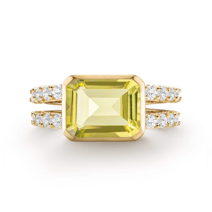 Warren Horizontal Lemon Verbena Quartz Ring with Diamonds in 14k Gold (August)