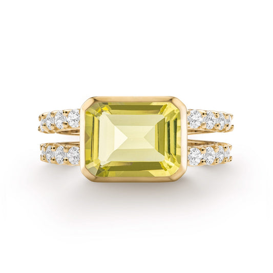 Warren Horizontal Lemon Verbena Quartz Ring with Diamonds in 14k Gold (August)