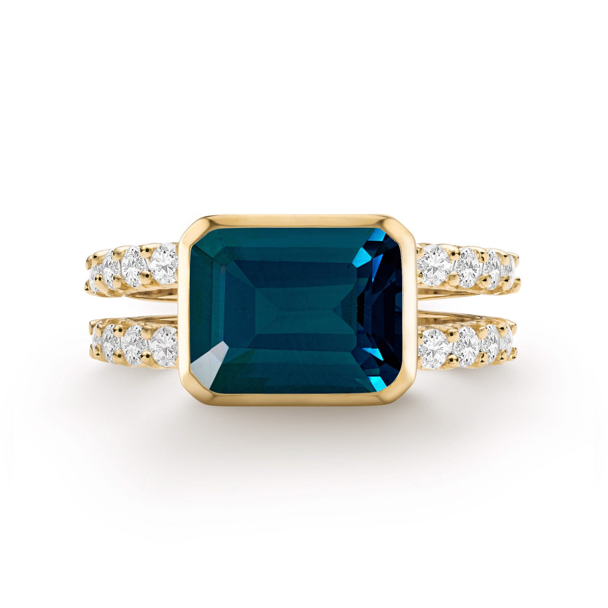 Warren Horizontal Atlantic Blue Topaz Ring with Diamonds in 14k Gold (December)