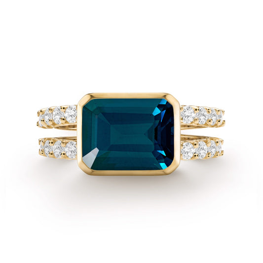Warren Horizontal Atlantic Blue Topaz Ring with Diamonds in 14k Gold (December)