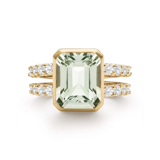 Warren Vertical Green Amethyst Ring with Diamonds in 14k Gold (February)