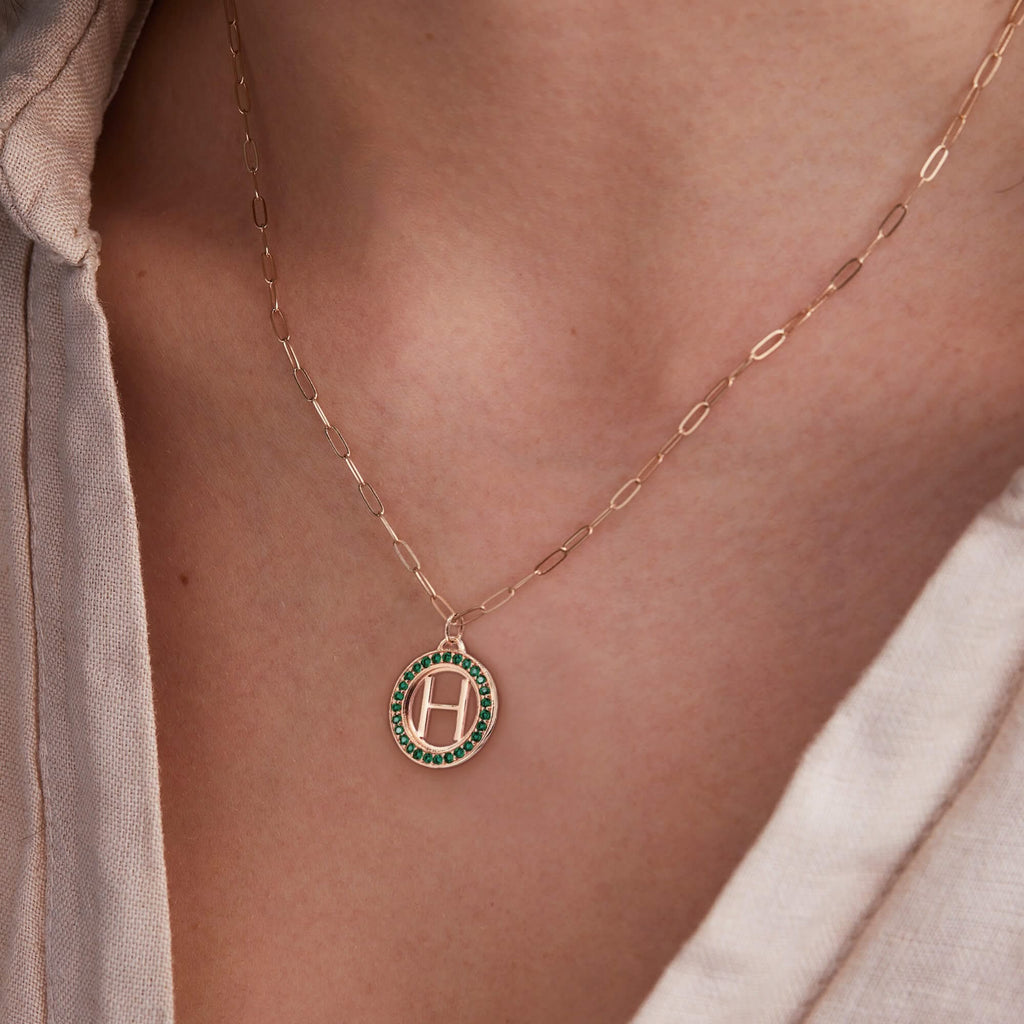 Letter & Emerald Pendant in 14k Gold (May)