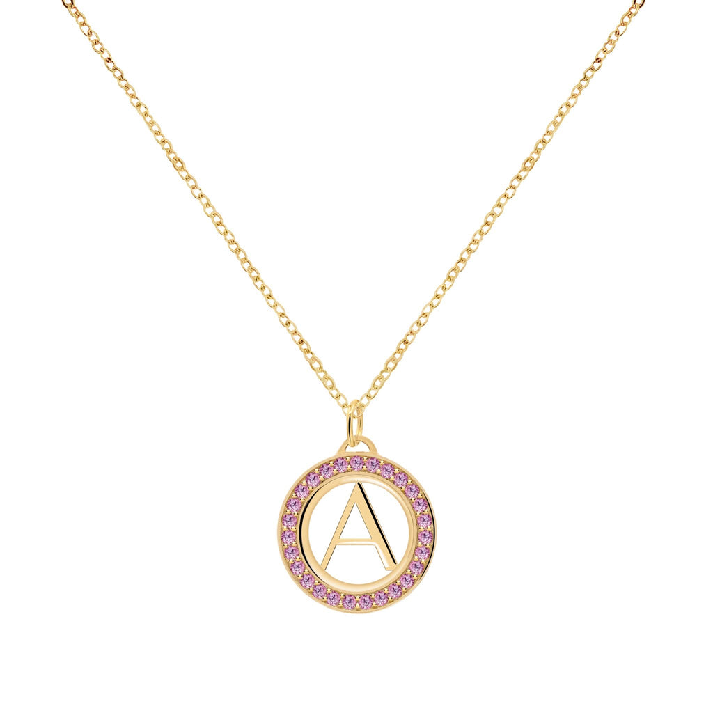 Letter & Pink Sapphire Pendant in 14k Gold (October)
