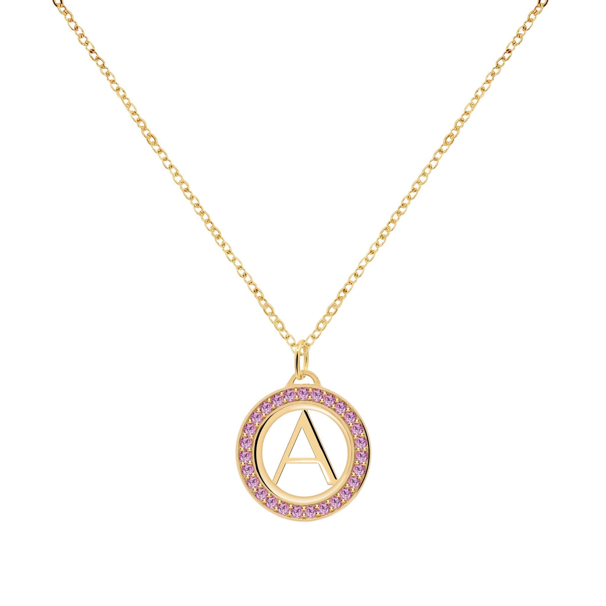 Letter & Pink Sapphire Pendant in 14k Gold (October)