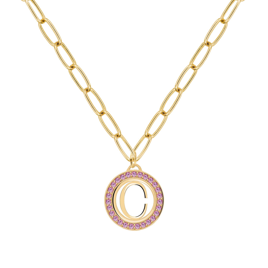 Letter & Pink Sapphire Pendant in 14k Gold (October)
