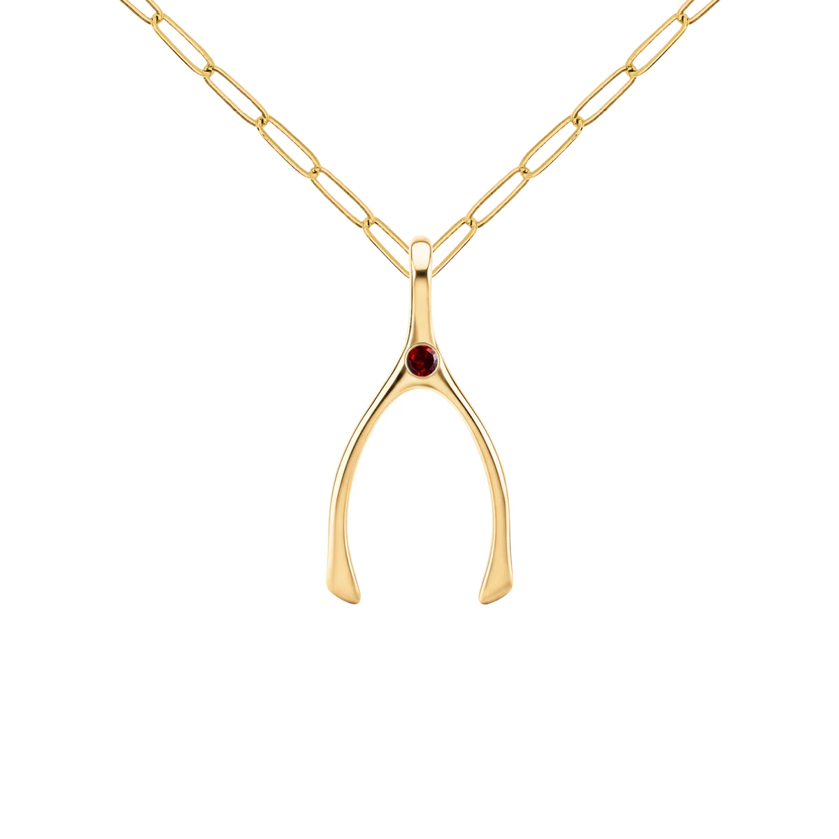 Small Garnet Wishbone Pendant in Solid 14k Gold (January)