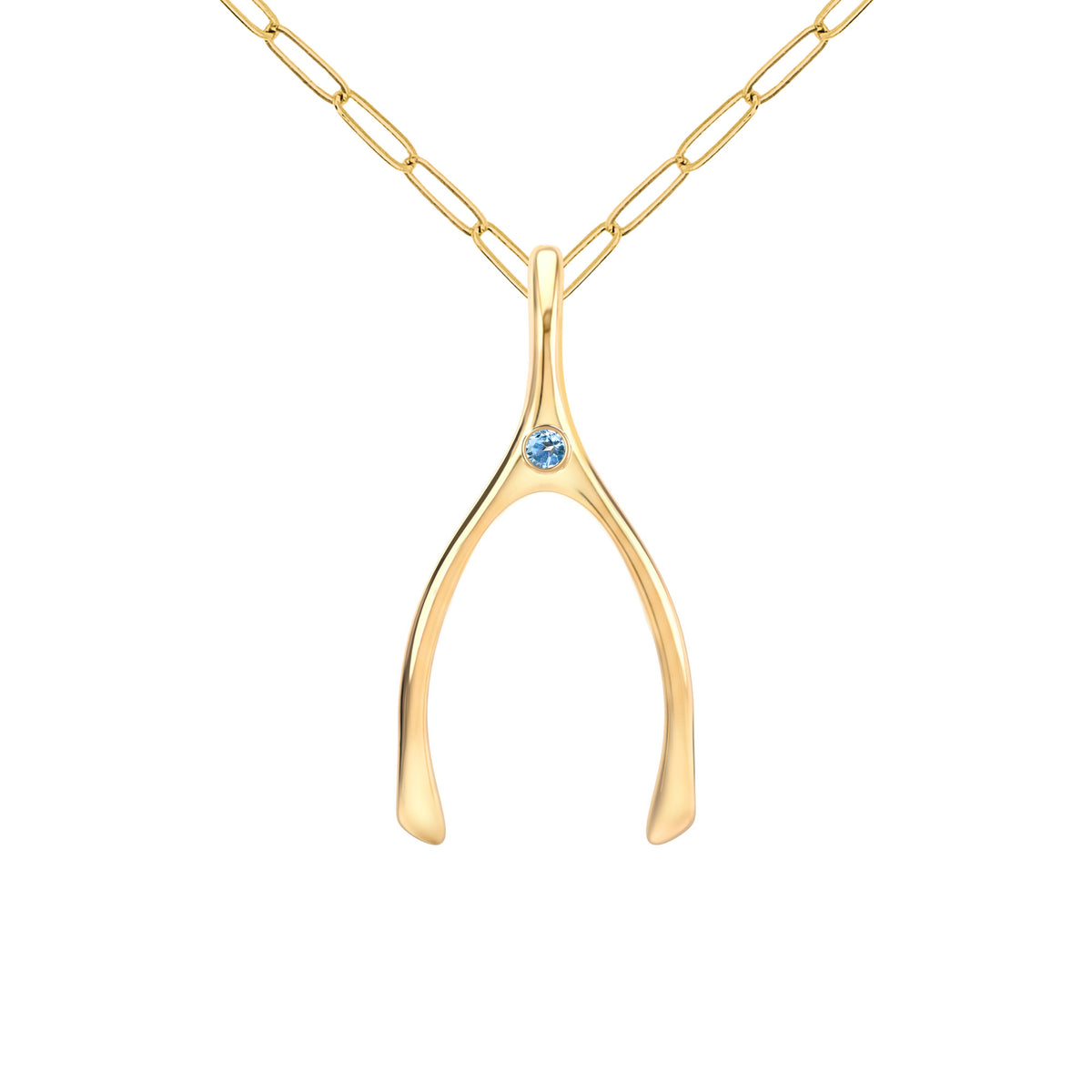 Large Nantucket Blue Topaz Wishbone Pendant in Solid 14k Gold (December)