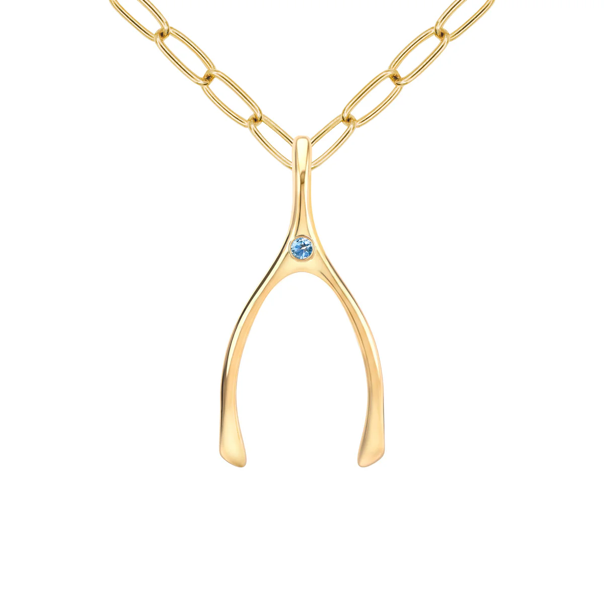 Large Nantucket Blue Topaz Wishbone Pendant in Solid 14k Gold (December)