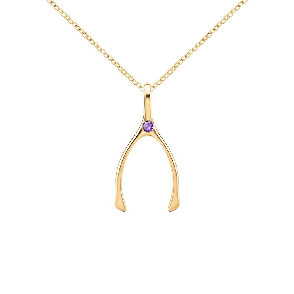 Small Amethyst Wishbone Pendant in Solid 14k Gold (February)