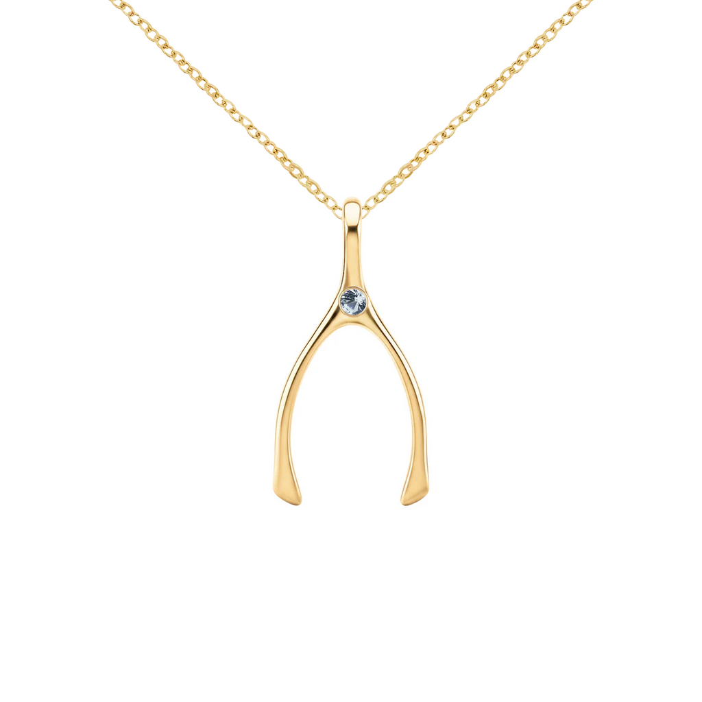 Small Aquamarine Wishbone Pendant in Solid 14k Gold (March)