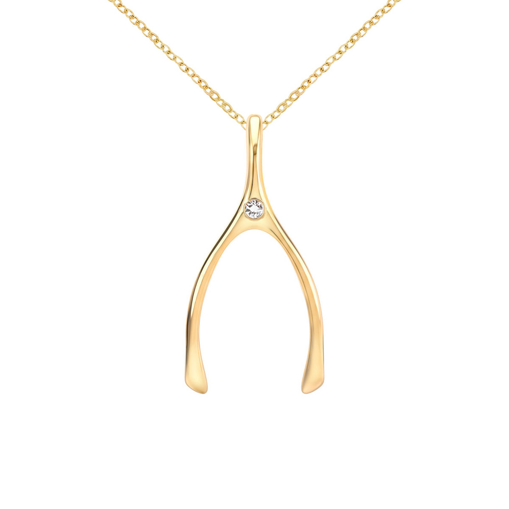 Large Diamond Wishbone Pendant in Solid 14k Gold (April)