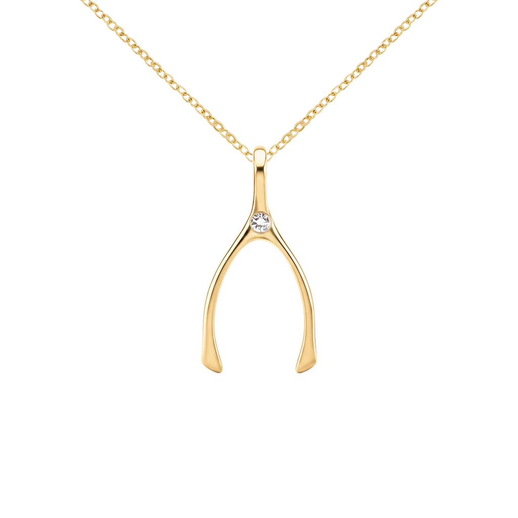 Small Diamond Wishbone Pendant in Solid 14k Gold (April)