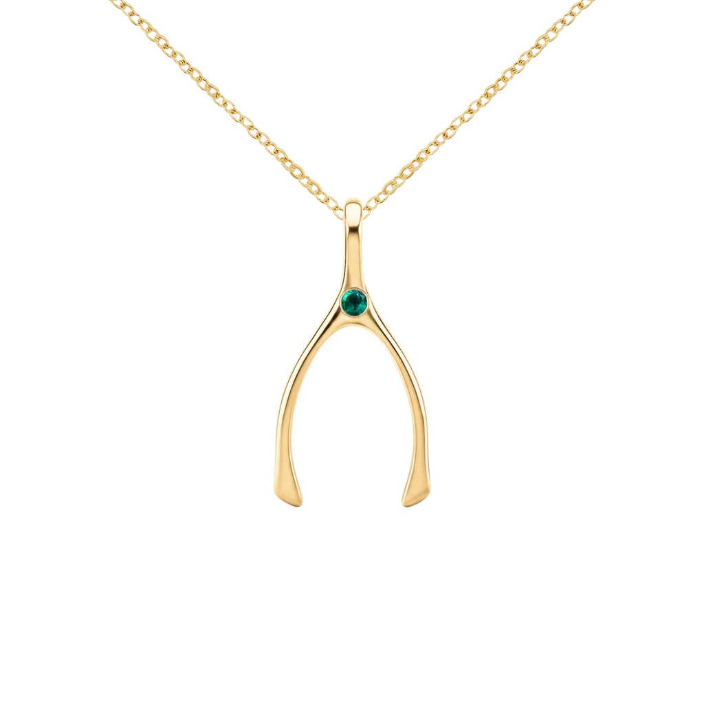 Small Emerald Wishbone Pendant in Solid 14k Gold (May)