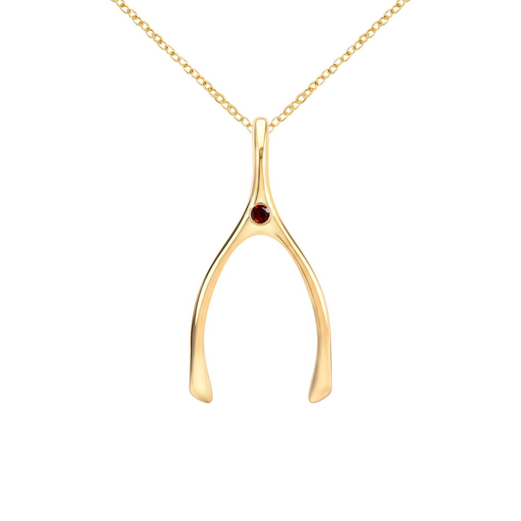 Large Garnet Wishbone Pendant in Solid 14k Gold (January)