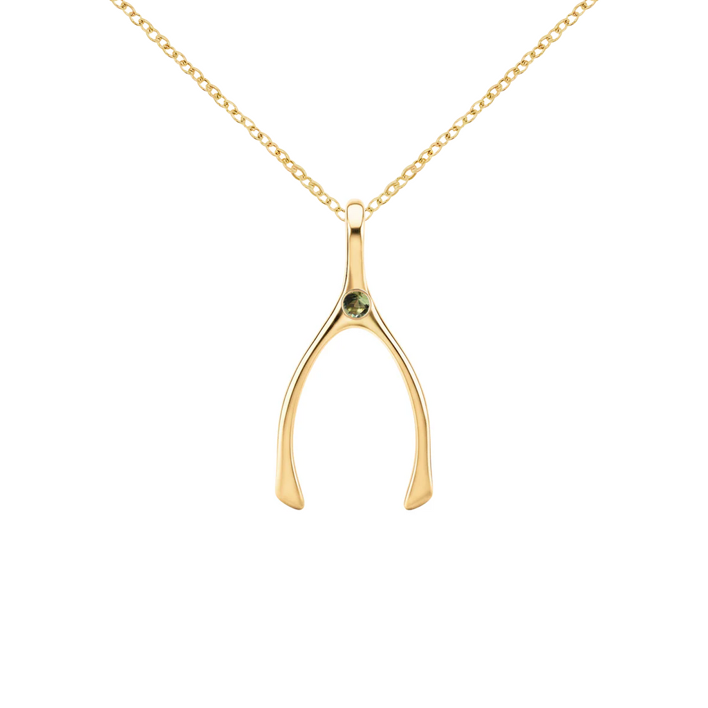 Small Peridot Wishbone Pendant in Solid 14k Gold (August)