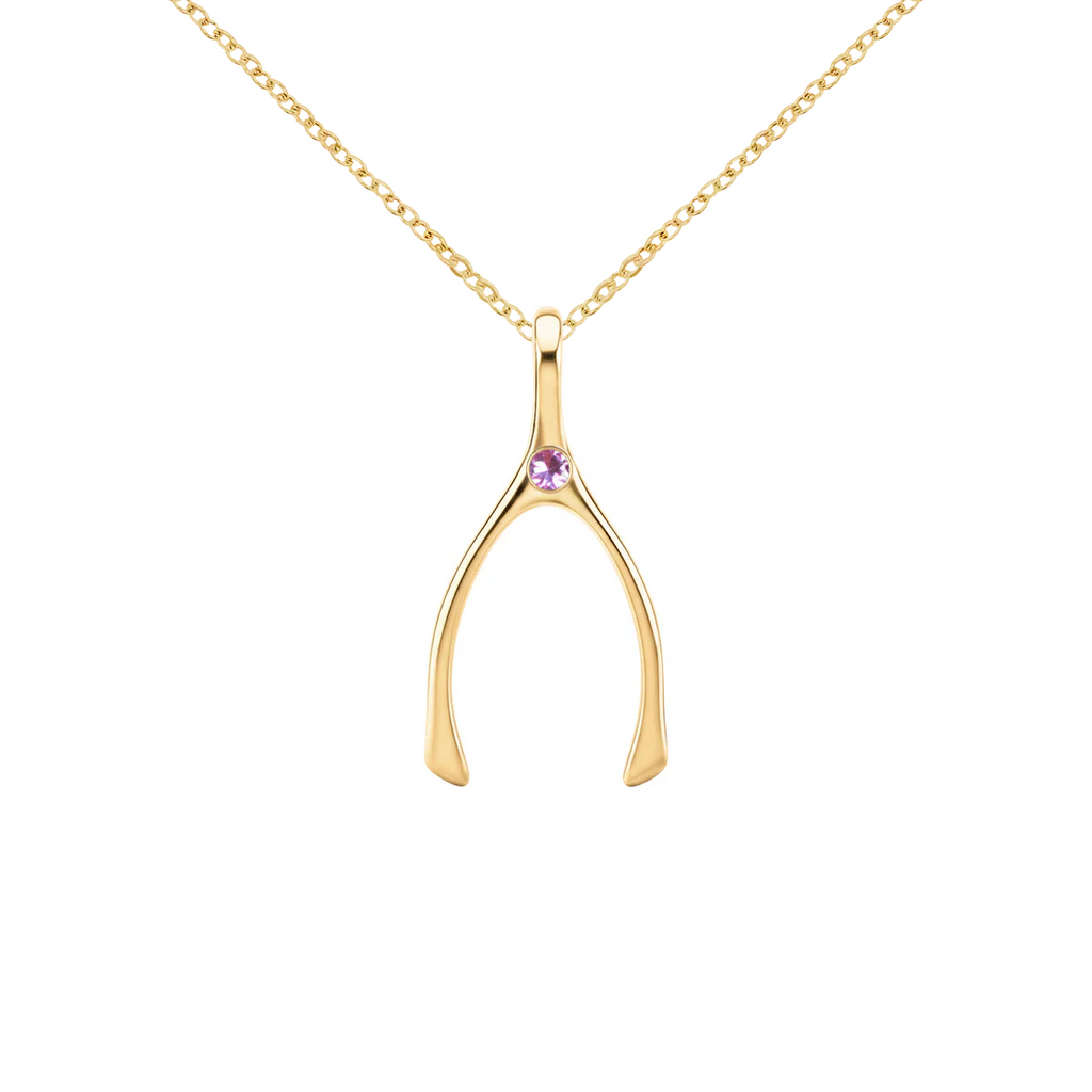 Small Pink Sapphire Wishbone Pendant in Solid 14k Gold (October)