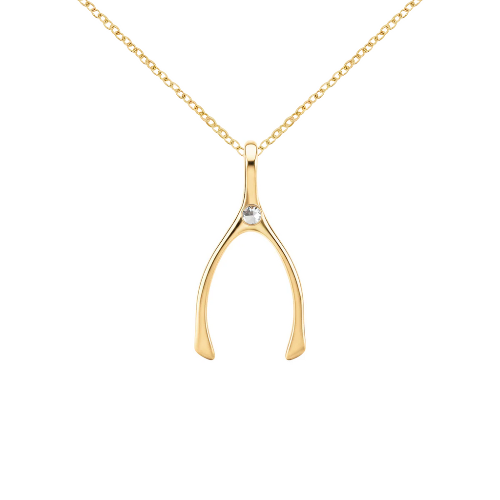Small White Topaz Wishbone Pendant in Solid 14k Gold (April)